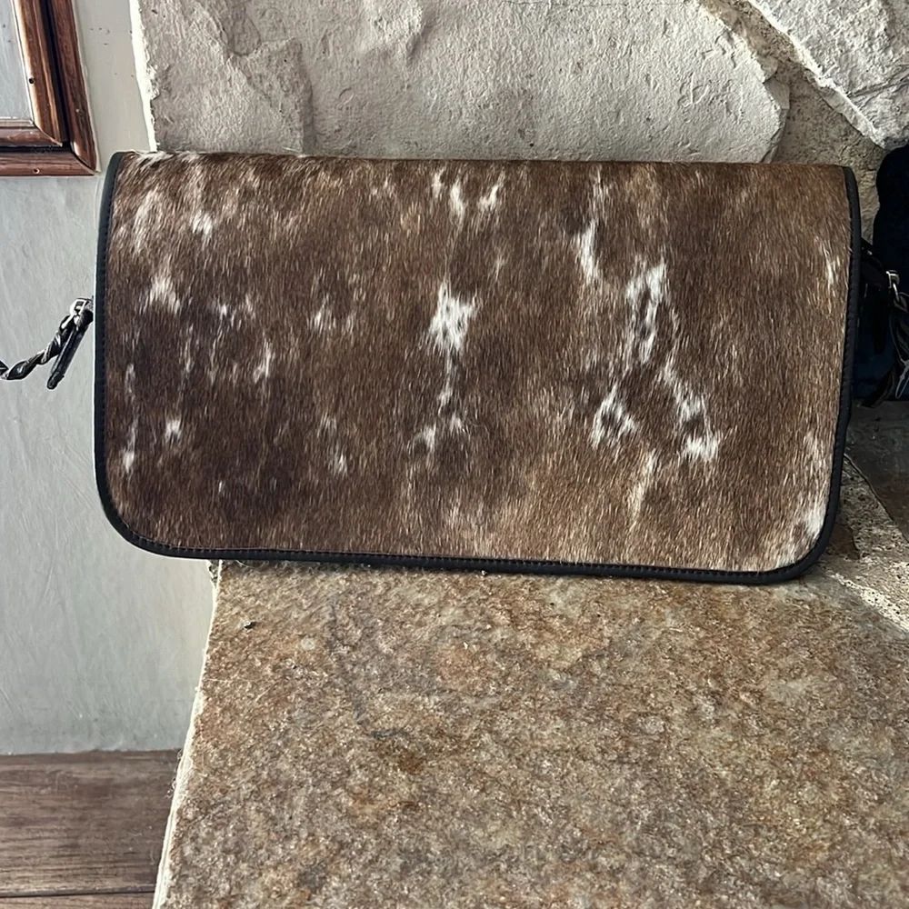 Cowhide Zip Cosmetic Pouch - Brown and White